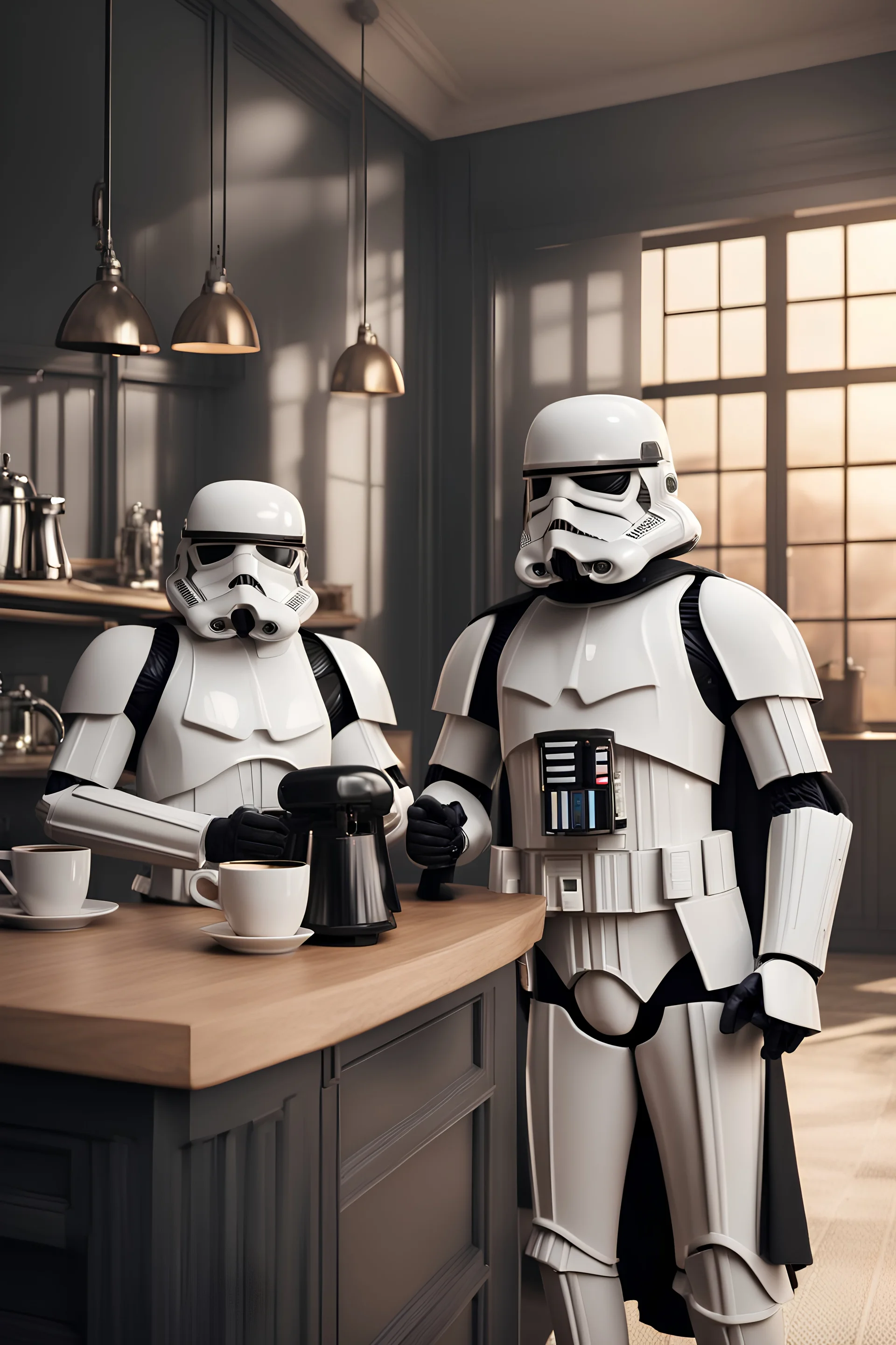 stormtropper standing next to darth vader shaped coffee maker drinking coffee, hyper realistic, 8k, hd, star wars logo, 3d render, uhd,