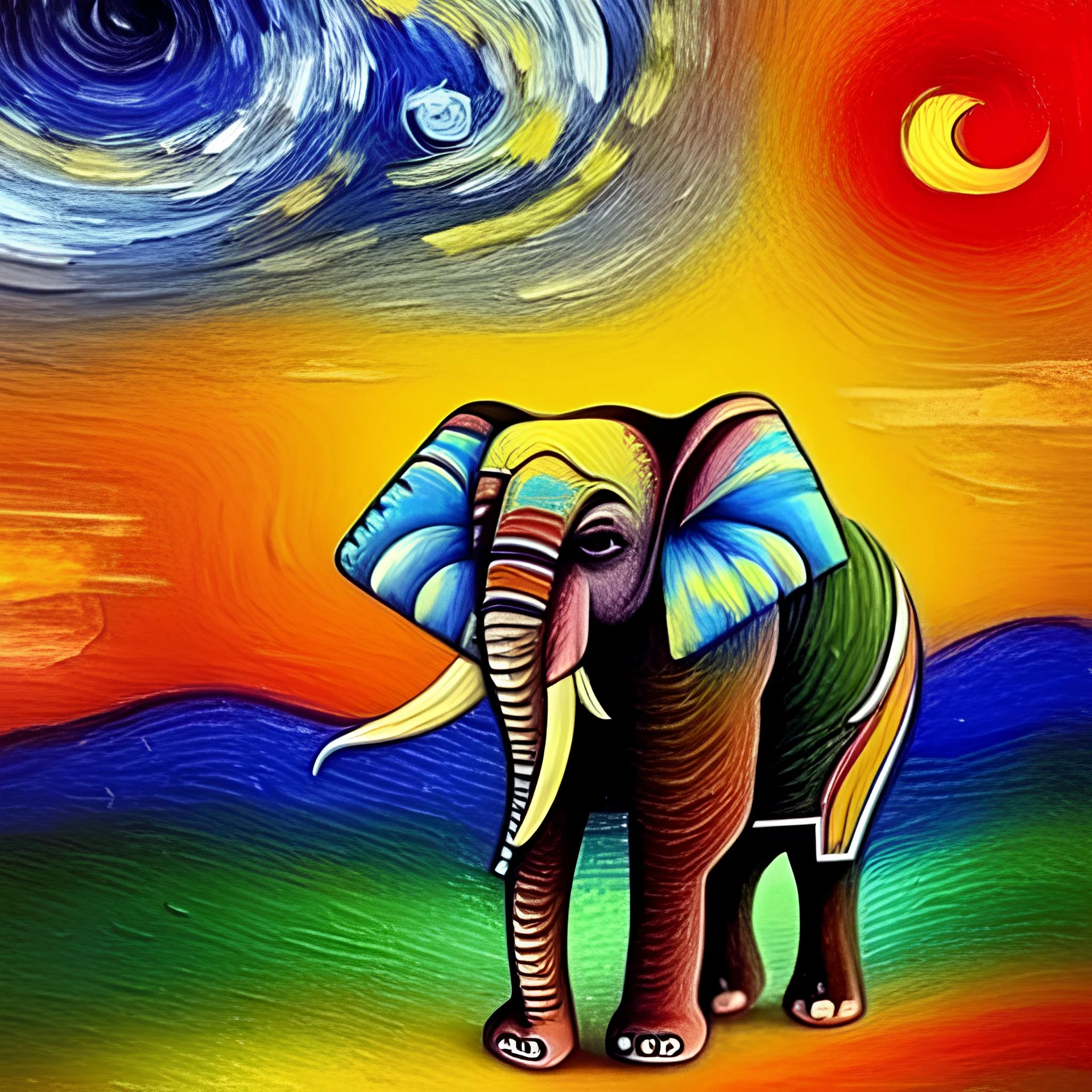 Dibujo al oleo de un elefante indio pintado con muchas nubes de colores estilo Vincent van Gogh