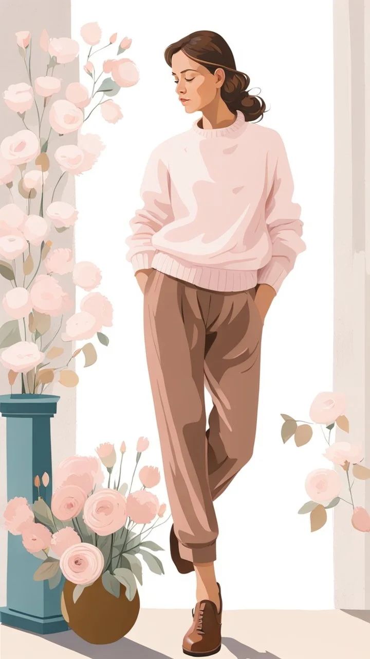 Painting a haughty beautiful standing woman, light pink sweater, brown long pants, brown shoes,bouquet of flowers in hand,kijkt achterom