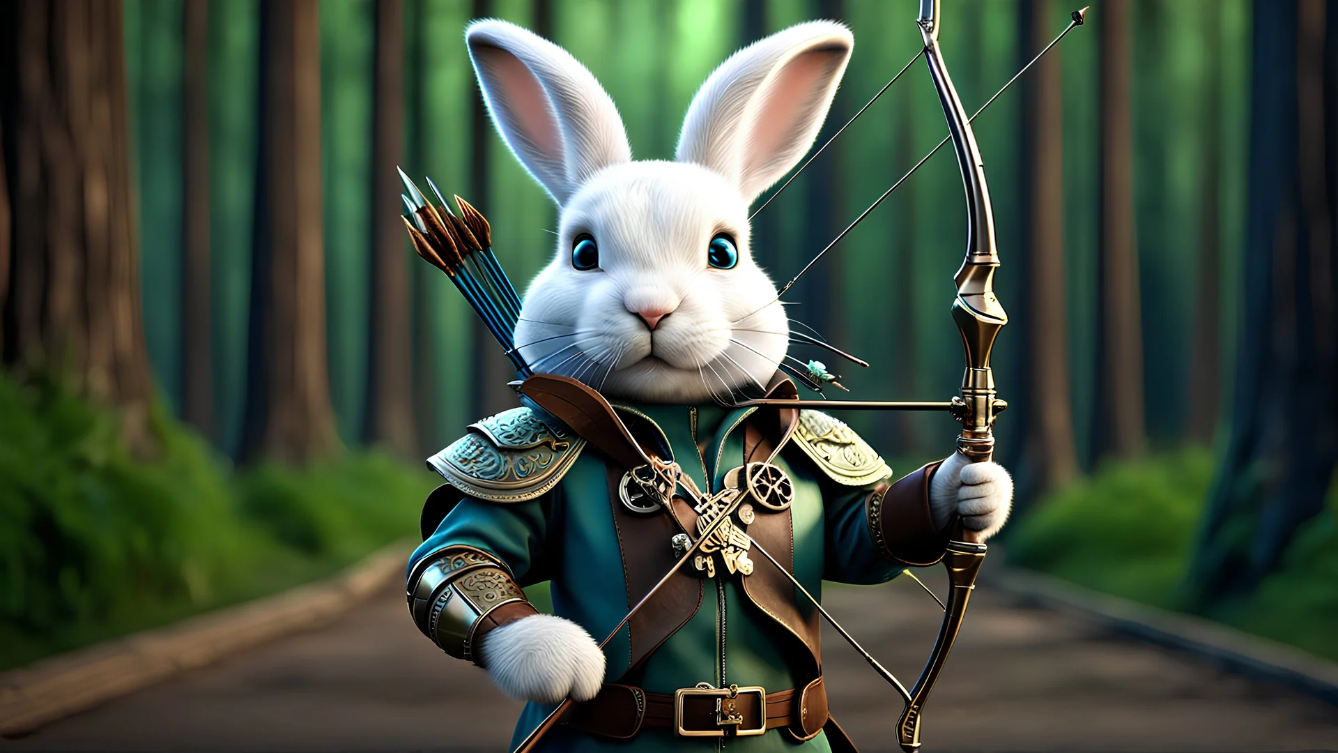 High-end hyperrealism epic cute fluffy rabbit hero holding a bow and arrow, Steampunk-inspired cinematic photography, symmetry forest alley background, Aesthetic combination of metallic sage green and titanium blue, Vintage style with brown pure leather accents, Art Nouveau visuals with Octane Render 3D tech, Ultra-High-Definition (UHD) cinematic character rendering, Detailed close-ups capturing intricate beauty, Aim for hyper-detailed 8K