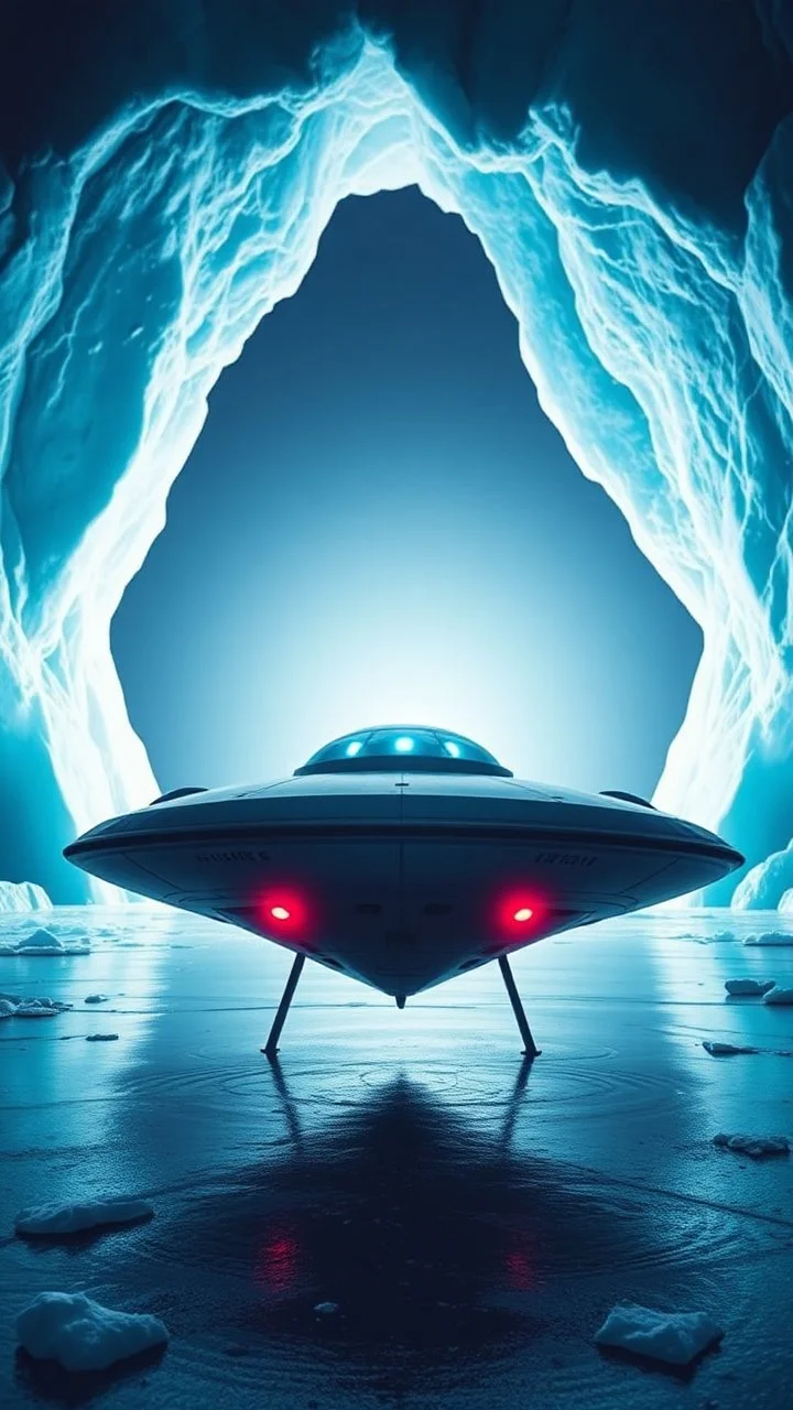 A ufo star ship in front of a mysterious, portal or opening in the ice, symbolizing the hidden secrets of Antarctica waiting to be uncovered. The light blue dark surroundings, creating a sense of anticipation and intrigue.