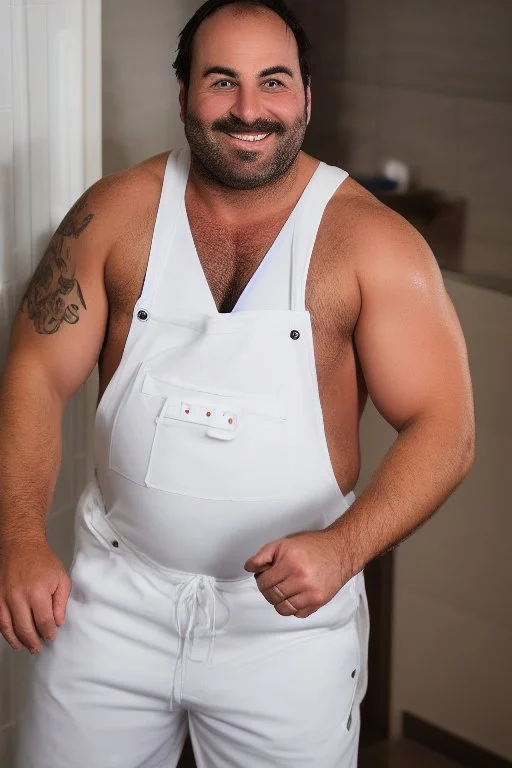 photography of a burly chubby italian plumber dressed with white overalls smiling under the opened shower 41 years old, bulge, manly chest