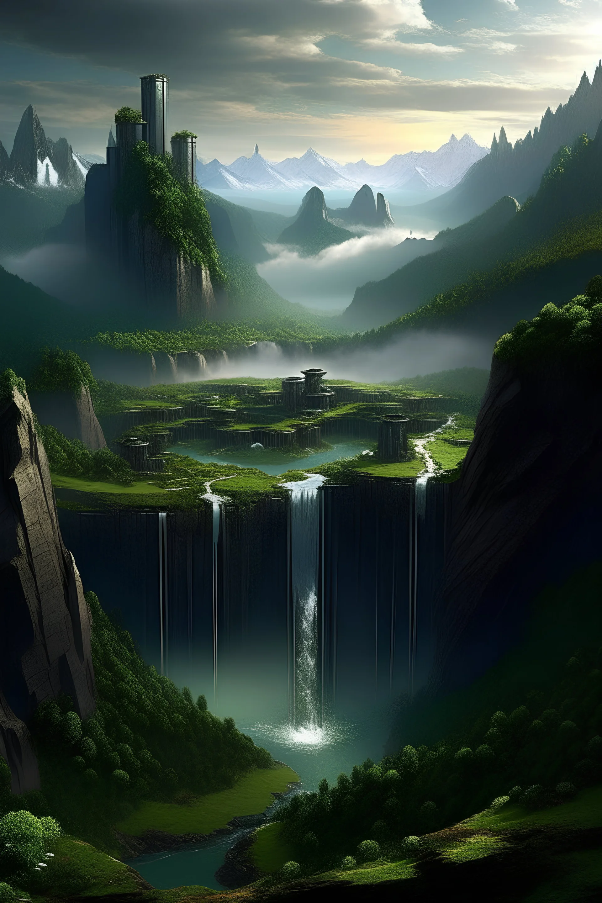 Fantasy city in a lake with 2 tall square black towers on the edge of a dam with a waterfall falling into a chasm below it in the mountains grassy fields in foreground overhead view high saturation