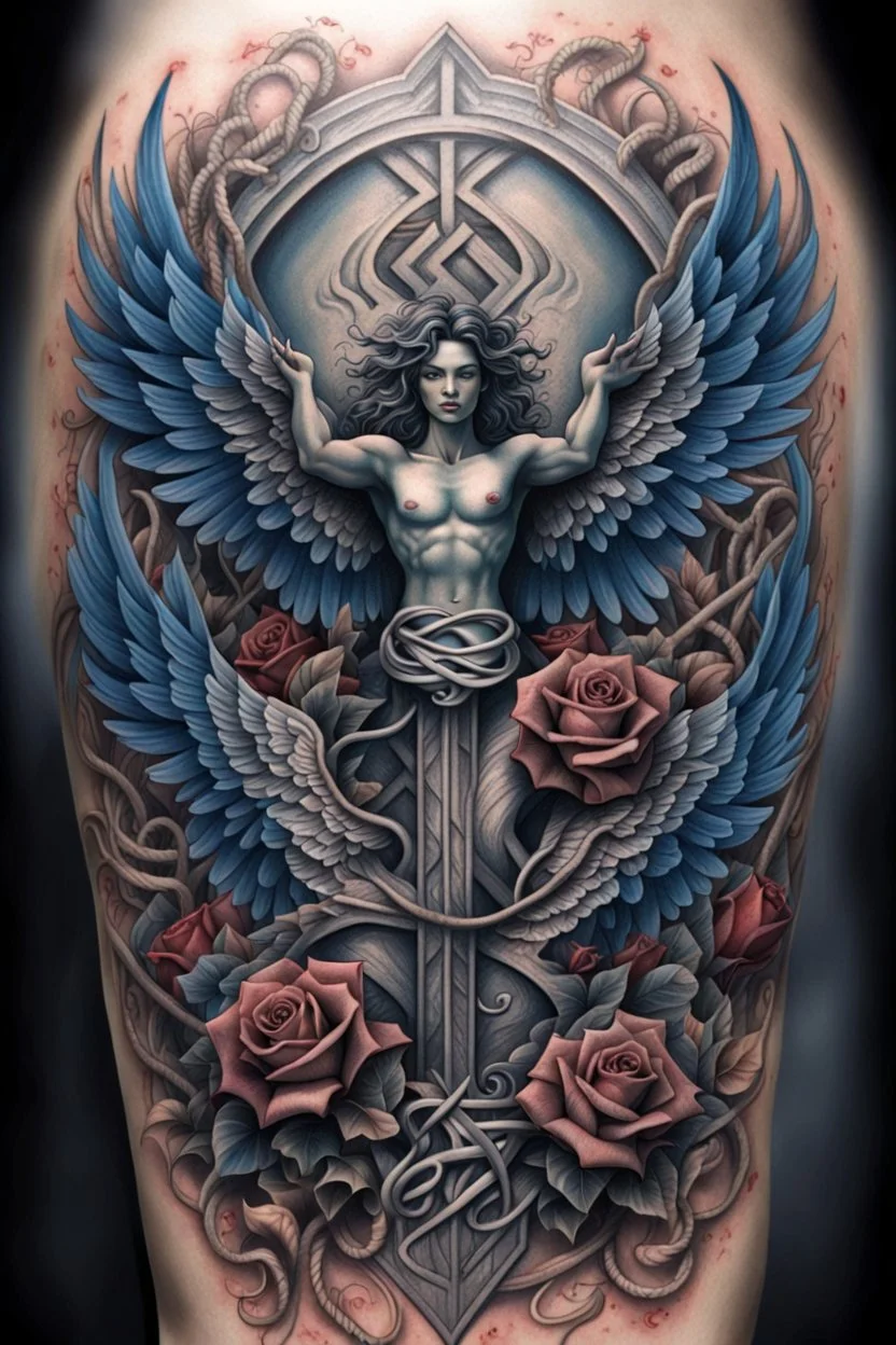 ultra realistic and highly detailed tattoo of a name written in the centre -"Jiu-Jitsu", a thick texturised cross with deep grains behind the writing, coming from the sides are two majestic angel wings almost sheltering the writing, chaotic and explosive background of intervining vines with thorns, few roses and rope knots, blue and grey colors, epic, 32k