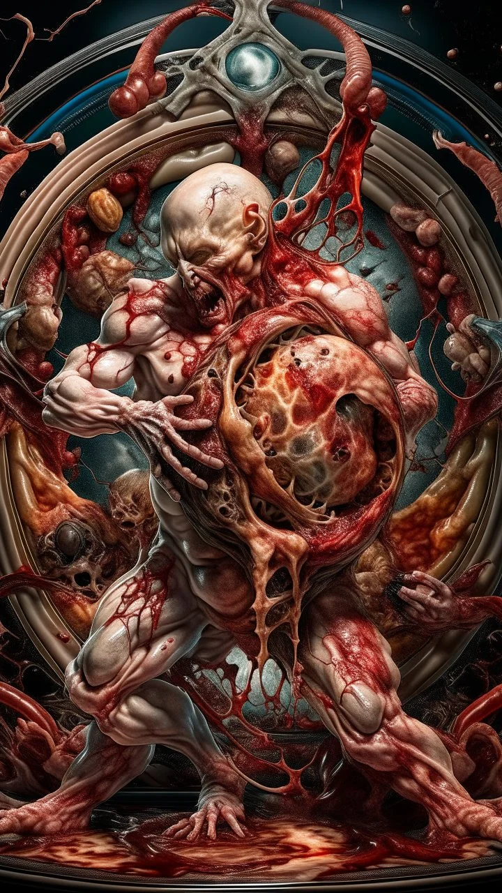 cinematic gore Bosch vs Dali style photorealistic photo of a mangled embryonic body wrestling itself in a fleshy vortex vortex, of anatomically fragmented, ripped apart again being flayed, skinned alive beating heart, muscles, blood vessels, bowels, entrails, capillaries, oozing puss are exposed. Visceral anatomy. physiology. Their face and body opens with a zipper. Bosch and Dali inspired hallucinations. mythology. grotesque.