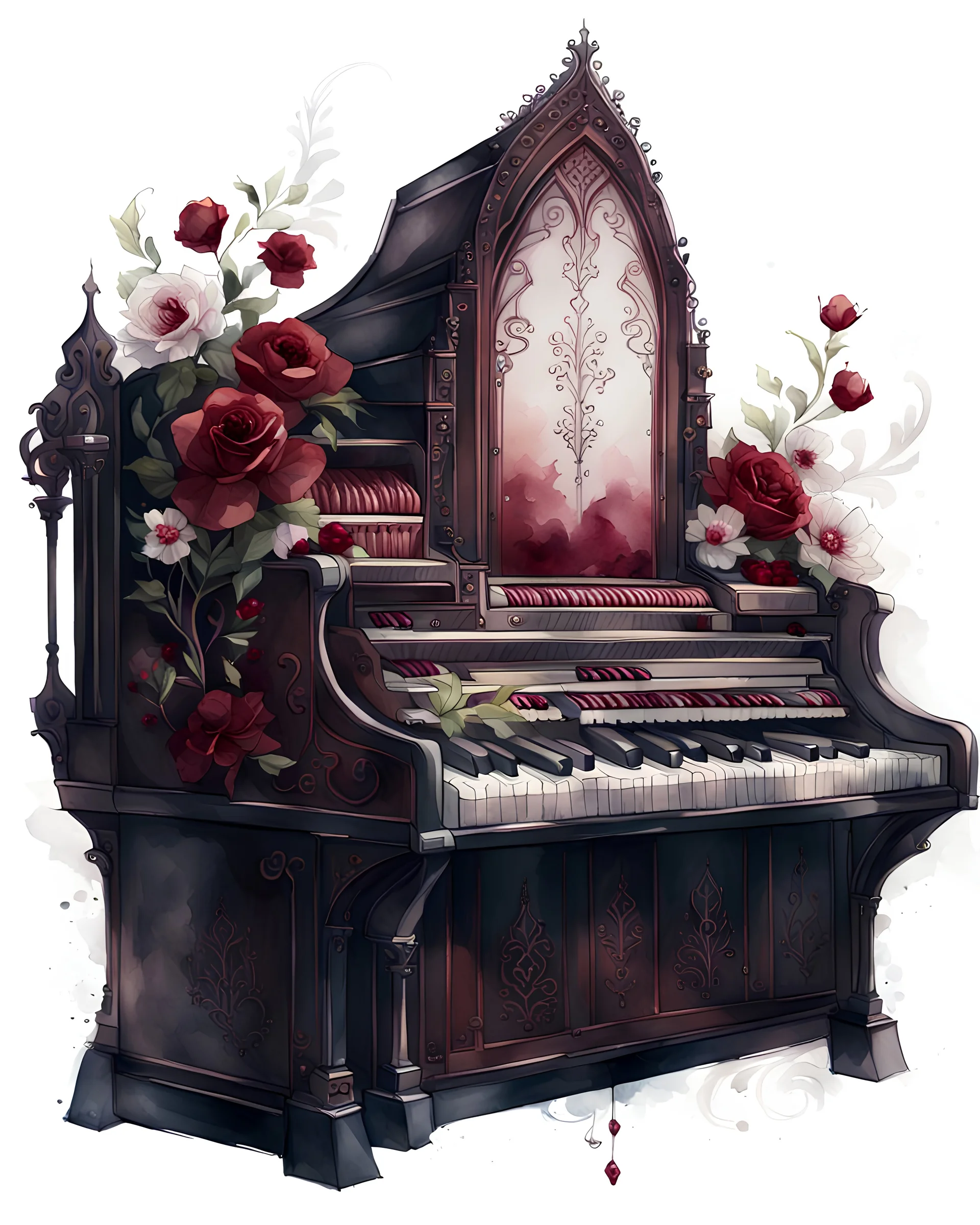 watercolor draw gothic vintage organ, dark red with flowers, white lace and rubies, white background, Trending on Artstation, {creative commons}, fanart, AIart, {Woolitize}, by Charlie Bowater, Illustration, Color Grading, Filmic, Nikon D750, Brenizer Method, Side-View, Perspective, Depth of Field, Field of View, F/2.8, Lens Flare, Tonal Colors, 8K, Full-HD, ProPhoto RGB, Perfectionism, Rim Lighting, Natural Lightin