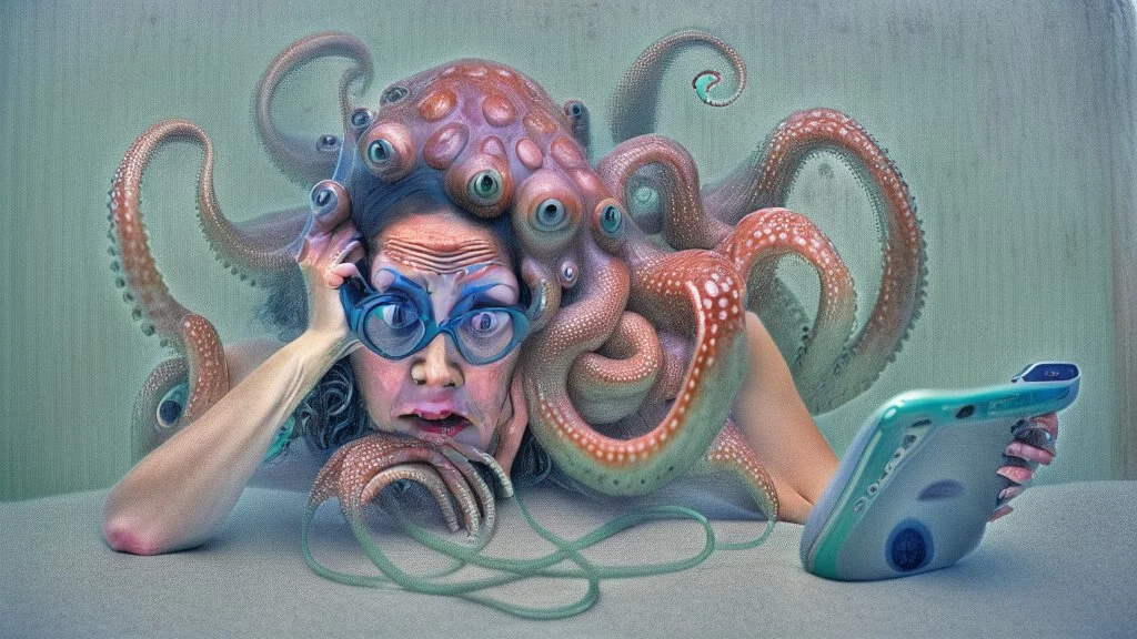 octopus woman on phone confused