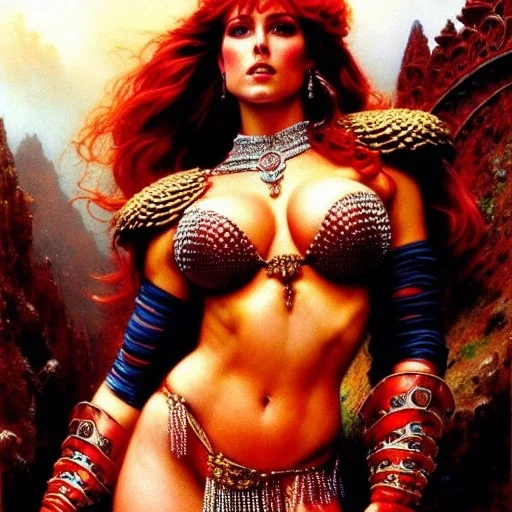 Drawing of beautiful face,'beautiful ,Busty Red Sonja',intense stare, ancient skintight armor, balanciaga fashion clothe painting by gaston bussiere, greg rutkowski, yoji shinkawa, yoshitaka amano, tsutomu nihei, donato giancola, tim hildebrandt, Oil on canvas, cinematic composition, extreme detail,fit full head inside picture,16k