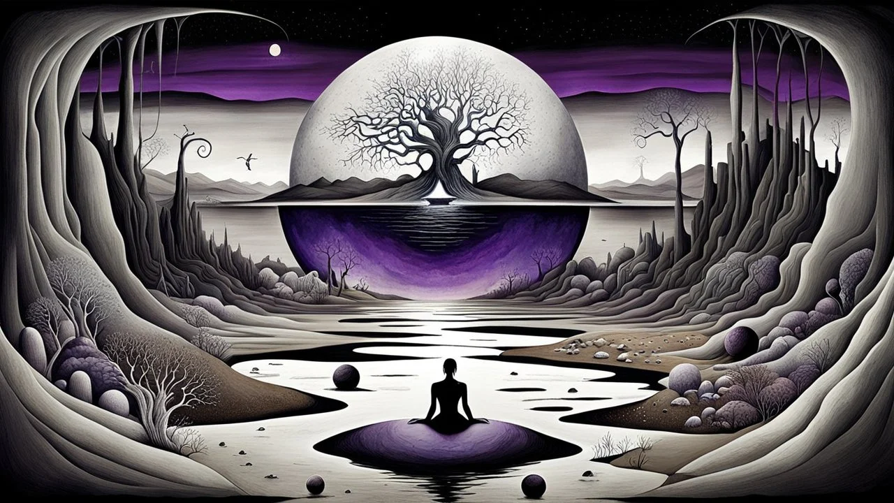 inner world this atypical world, one alone human figure sitting on big dark ball , weird whimsical landscape, alien forest, and Sahara water and rocks,, around surreal cracked painted weird land with some black doors. dark purple, gray, black, white, brown. Whimsical style of Chagall , of Minjae Lee and Anton Semenov, lonely with absurd beauty. broken, weird bizarr,e absurd nightmare, neuron network background, surreal vibe
