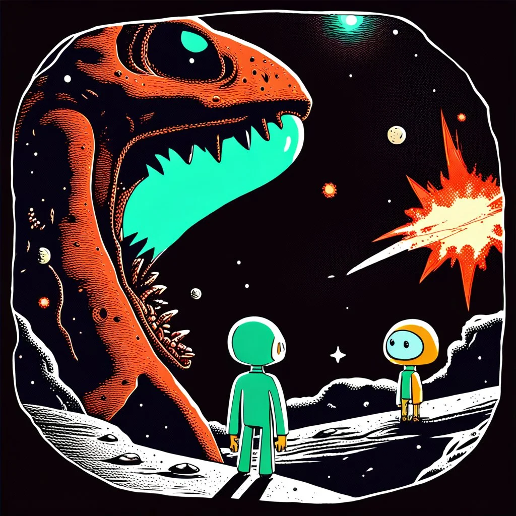 two sad characters gazing out of a spaceship window at a cratered burning close up 3d planet. On the left an thin alien with very pointy shape head and with x-shaped mouth, and on the right a bigg stronger dinosaur-like creature with big head sharp teeth. The background displays a dark space scattered with distant stars and three small explosions occurring on the planet's surface, adding a dramatic sense of action to the scene. realistic, detailed, cinematic, sci-fi
