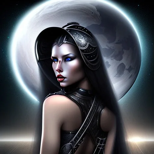 black long hair lady warrior top with black eyes under the Stars