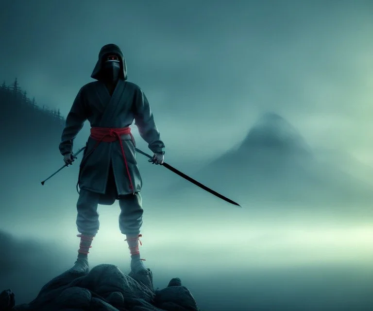 fog as Ninja portrait, black suit, in the night Alps, angels background, volumetric red light, high detail, dark leaf tree, dark mountains in background, perfect, HR Giger style, holding a sword, fighting, cinematic, painting