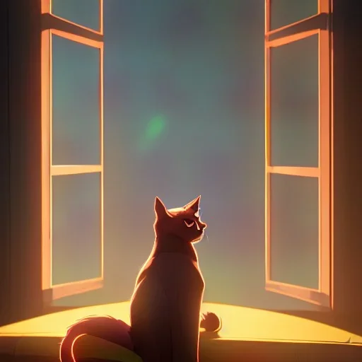 cama, amanecer, ventana, esperanza, gato