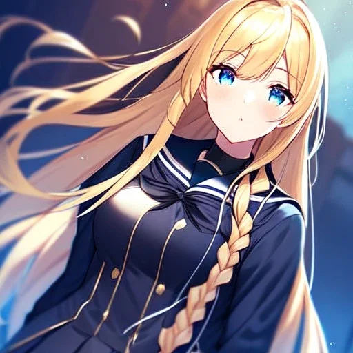 girl, masterpiece, best quality, volumetric lighting, detailed outfit, perfect eyes, long hair, golden hair, blue eyes, black stockings, school outfit, braided ponytail,