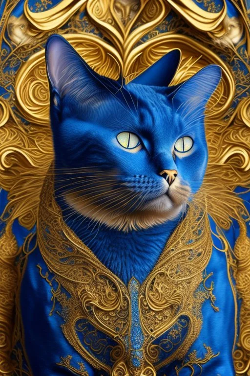 cat, blue and gold tones, insanely detailed and intricate, hypermaximalist, elegant, ornate, hyper realistic, super detailed, by Pyke Koch