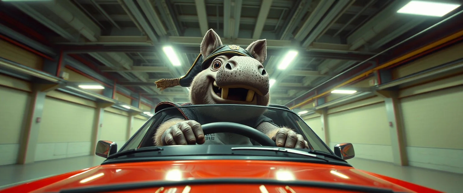 car driving happy 2d fluffy pirate orc fox hippo in the style of Escher and Giger and Fallout 4, pinhole cam, airbrush 3d rendering, on tv screen:A five-second cinematic single take in a clean industrial presentation hall.