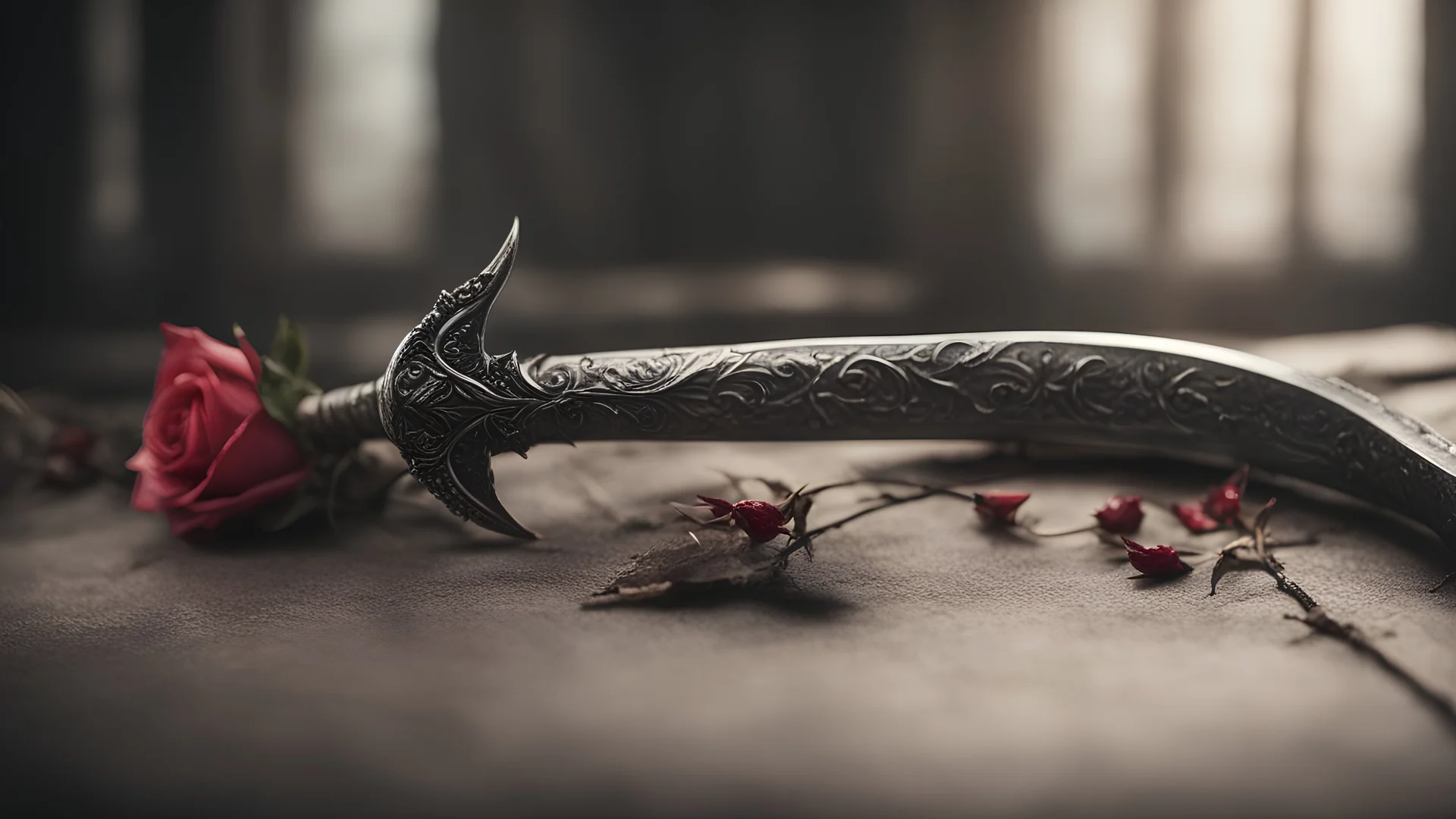 photoreal magnificent thorned dagger with rose thorns along the blade by lee jeffries, otherworldly, in the style of fantasy movies, photorealistic, shot on Hasselblad h6d-400c, zeiss prime lens, bokeh like f/0.8, tilt-shift lens 8k, high detail, smooth render, unreal engine 5, cinema 4d, HDR, dust effect, vivid colors