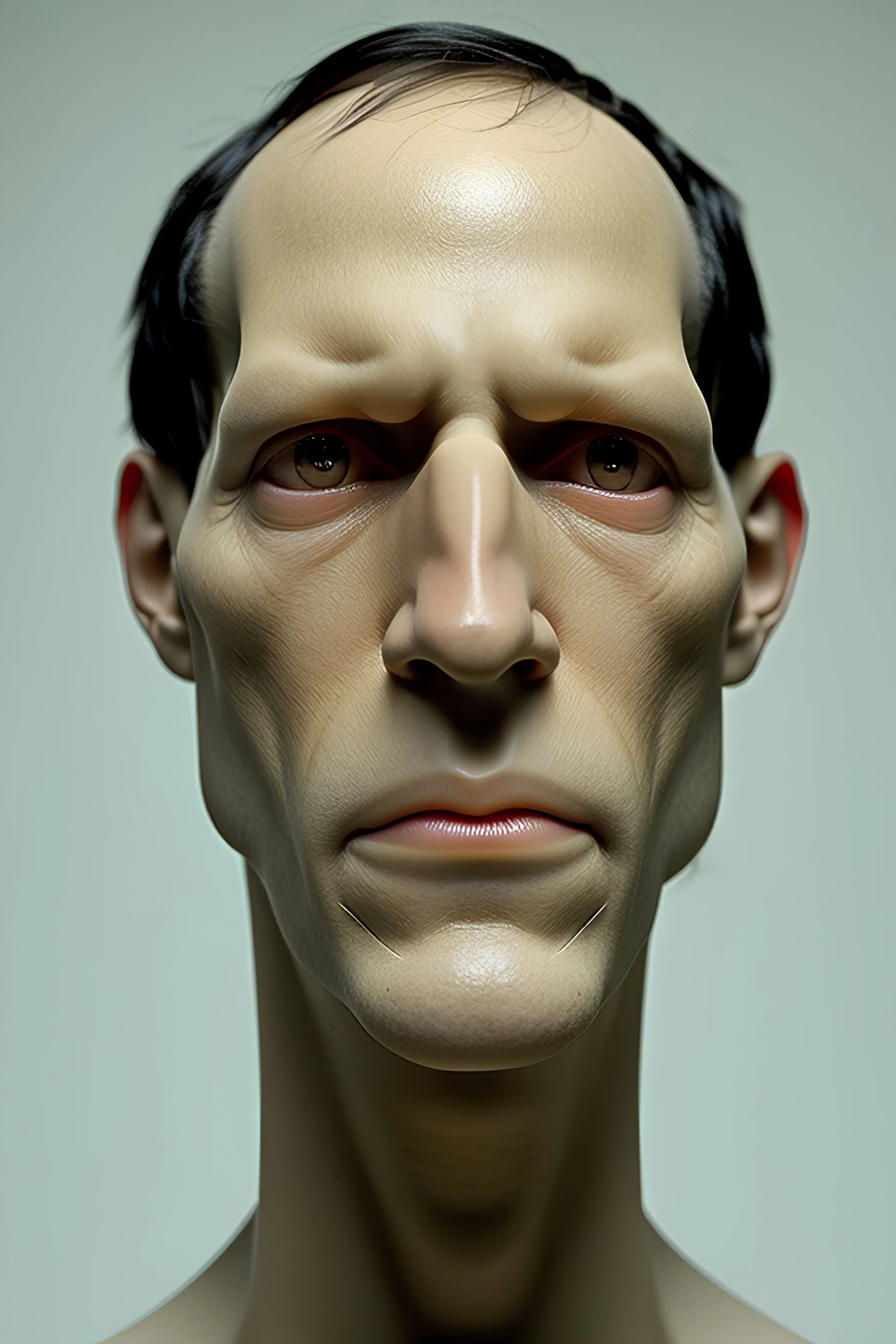 A thin professor man with sallow skin, a large hooked nose, yellow teeth, greasy black hair down to his shoulders and black eyes