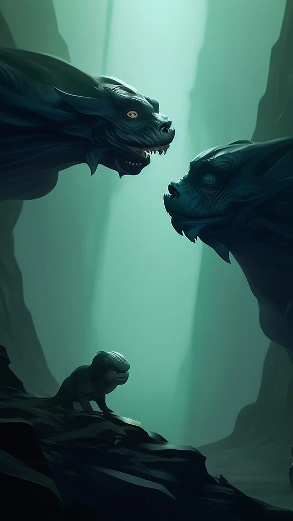 A creature with 2 bold Heads one of them happy , the other is sad . A cave with dim lights with fog in the background, dark environments, scary and good quality, 8K , cinematic scenery