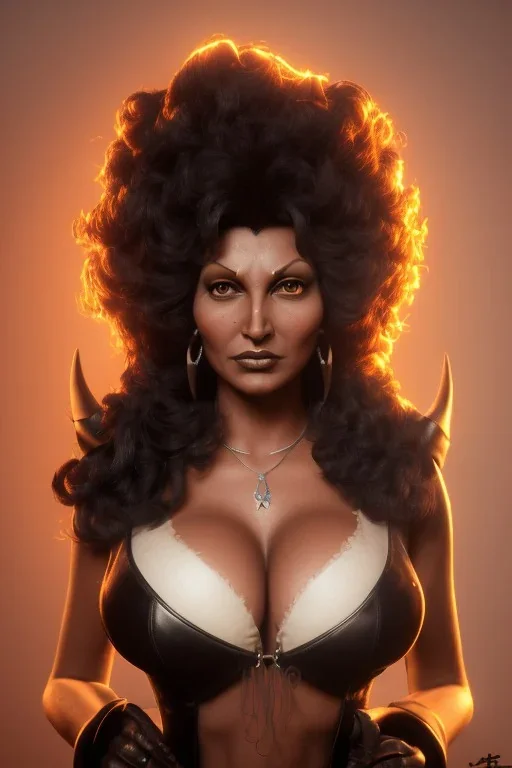 Pam Grier as evil queen in black leather, leather, busty, cleavage, angry, stern look. character design by cory loftis, fenghua zhong, ryohei hase, ismail inceoglu and ruan jia. unreal engine 5, artistic lighting, highly detailed, photorealistic, fantasy