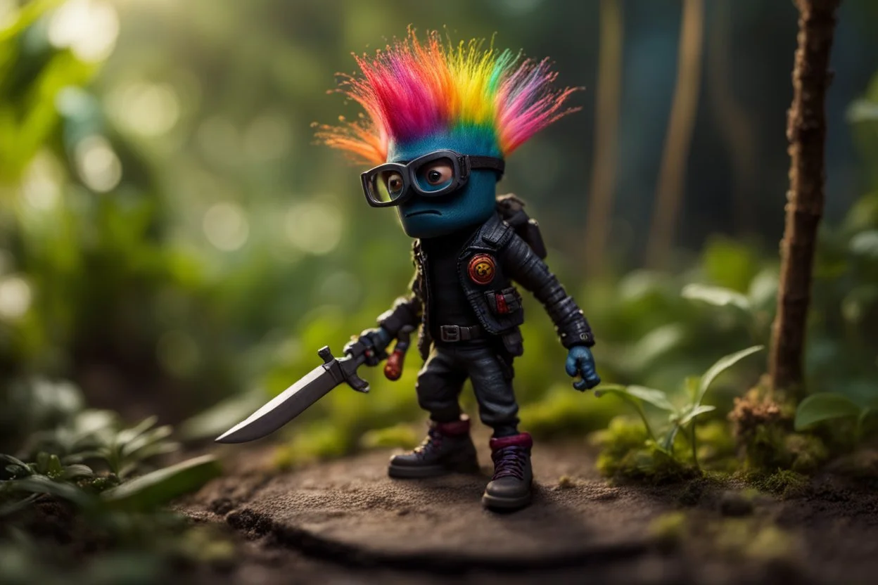 caricature, evil, dark arts, intricately painted, miniature figure. a miniature figure of an (angry:1.5) cyberpunk (Minion with glasses:1.4) with a rainbow mohawk hairstyle, set in a jungle, (holding a machete:1.6), giant boots, punk, worn, bokeh, Low DOF, 16k, trending on artstation. AlbedoBase XL.