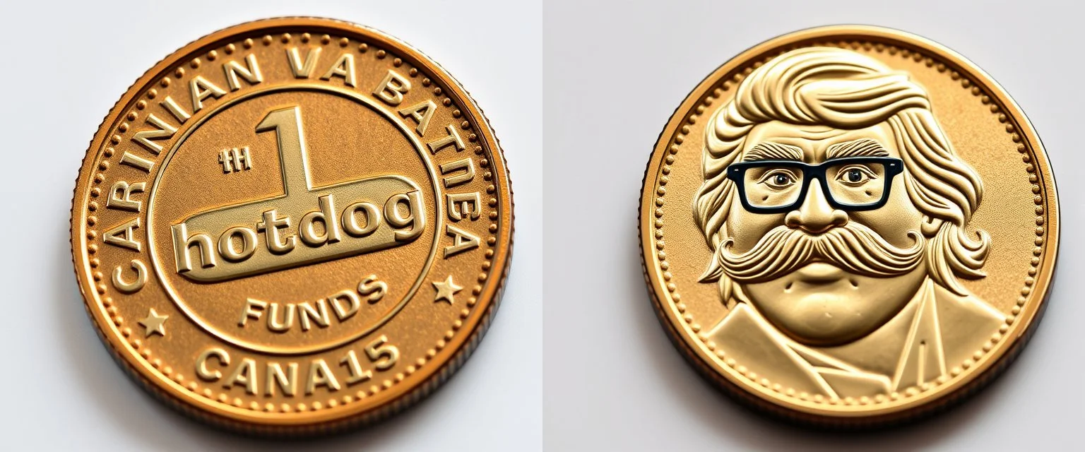 two sides of the coin with an emblem of "1hotdog Funds" with the year 2025, and the Canadian Lonnie Bigalow messed up mustache man
