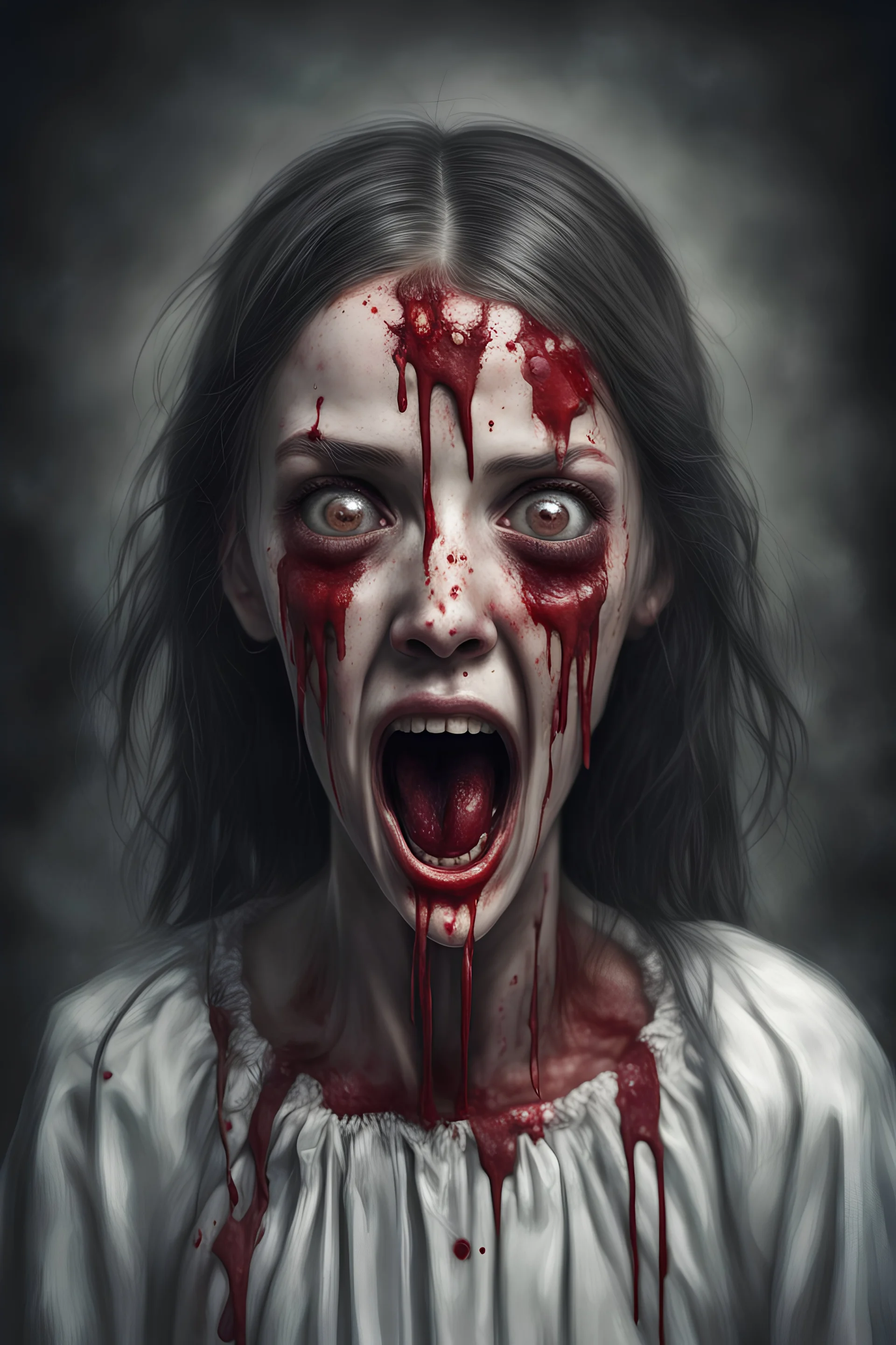 A horror digital realism portrait of a saint blind girl with gloomy eyes and bleeding mouth shouting her soul out