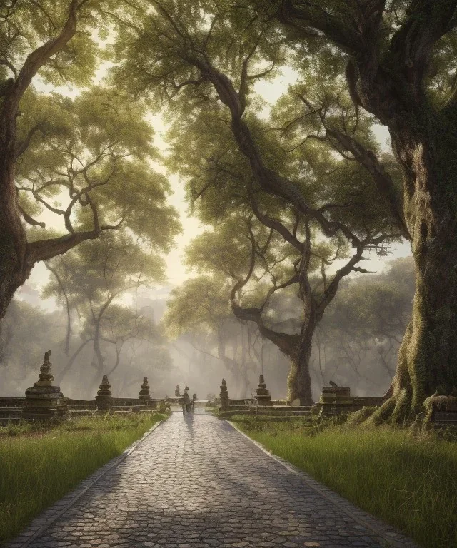 long promenade in a grand garden with ancient trees lining a cobblestone path, perfect composition, beautiful detailed intricate insanely detailed octane render trending on artstation, 8 k artistic photography, photorealistic concept art, soft natural volumetric cinematic perfect light, chiaroscuro, award - winning photograph, masterpiece, oil on canvas, raphael, caravaggio, Angkor