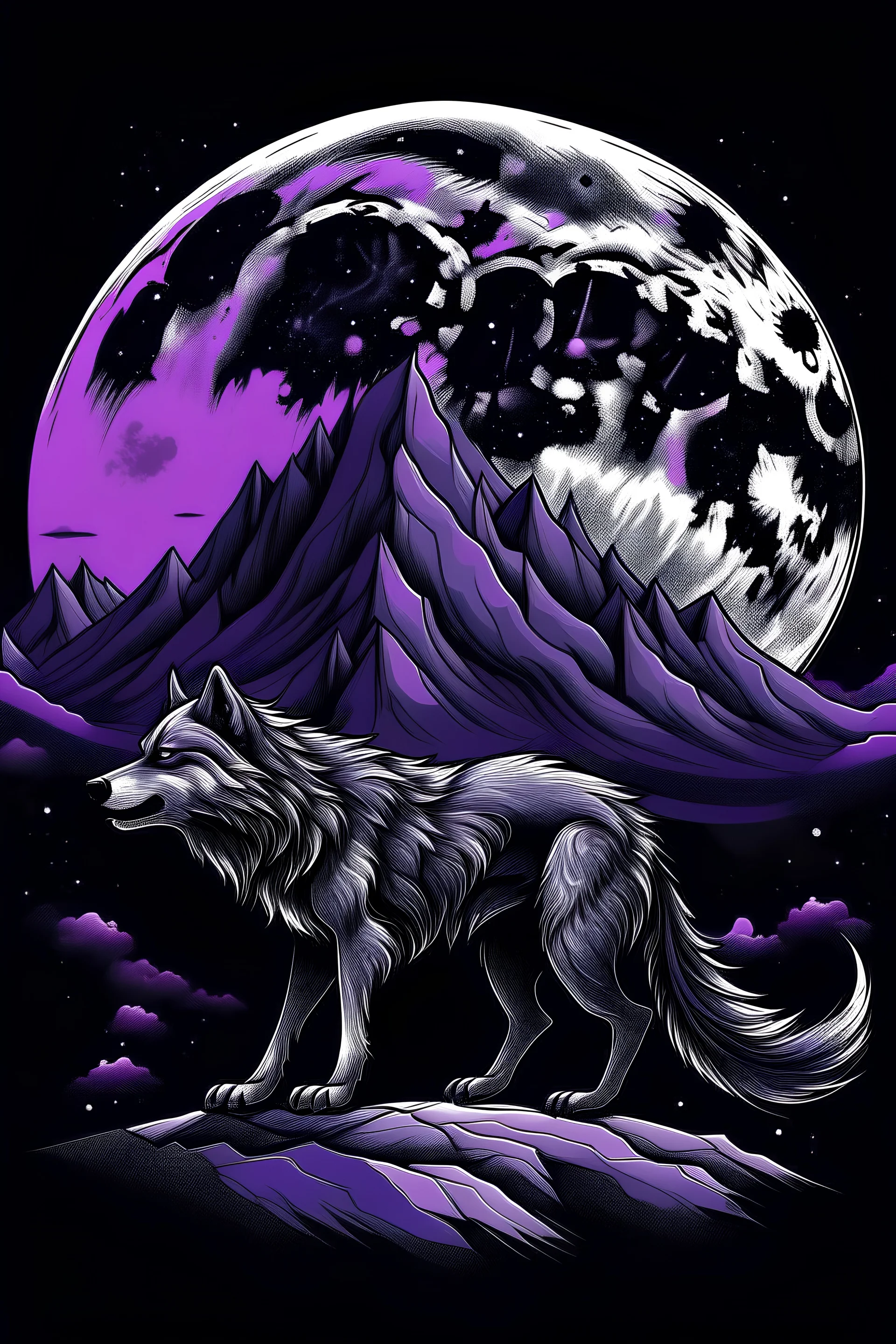 a big wolf behide , it purple and black mountains , with a moon in the sky