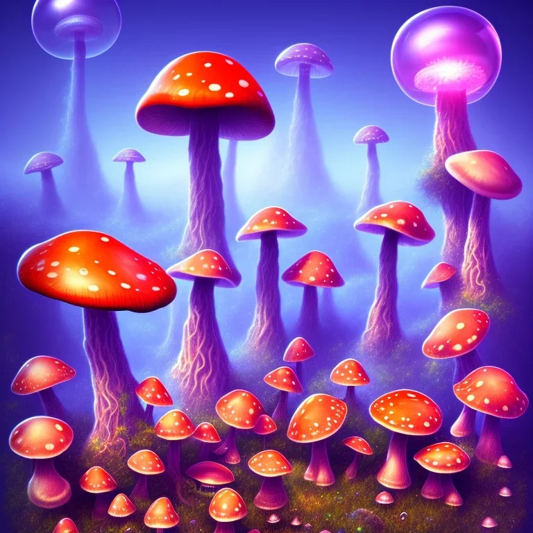 psychedelic giant mushrooms and tiny flying jelly fish and antic city in the background 3D mystic ambiance