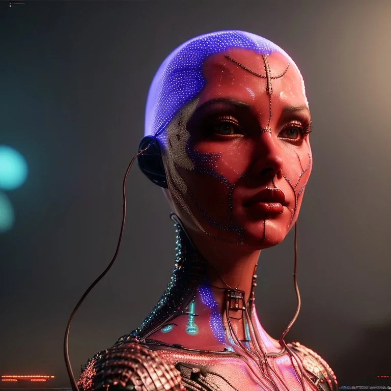 pretty Ukrainian cyber woman, cold ambient, latex, cables, purpurin, blood, black, gold, piercings, brown, decorative color feathers, circuits, neon style, a lot of led lights, fog, rain, vibrant color, highly detailed, art stations, concept art, smooth, unreal engine 5, god rays, ray tracing, RTX, lumen lighting, ultra detail, volumetric lighting, 3d, finely drawn, high definition, high resolution.