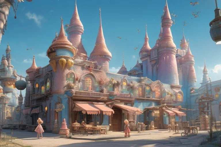 a fairy tale style ice cream factory，full of details, matte painting, concept art, smooth, bright sunshine，by cory loftis and evgeny lushpin and wlop，soft light atmosphere，trending on cgsociety and blender unreal engine，8k, hdr，light effect，rtx on，-h 768