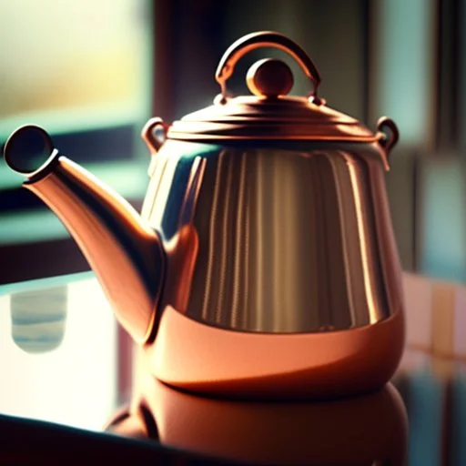 The reflection of a child on the surface of an old copper teapot