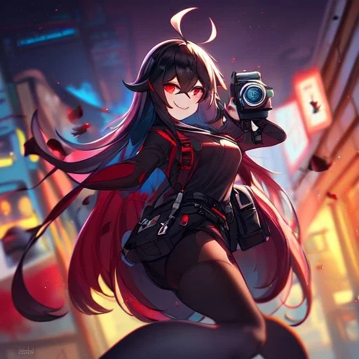 Clear focus,High resolution,High quality, Smiling,Wearing a Fortnite Inspired Outfit,Wearing black long socks, Black Long hair with a ahoge, Red eyes, Wearing black gloves, Bloody mess, Small pupils, Under camera veiw