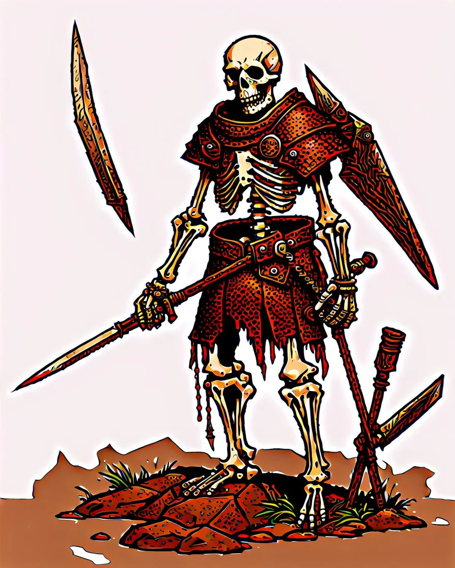 tabletop RPG skeleton warrior with spear and rusted chainmail rpg art no background