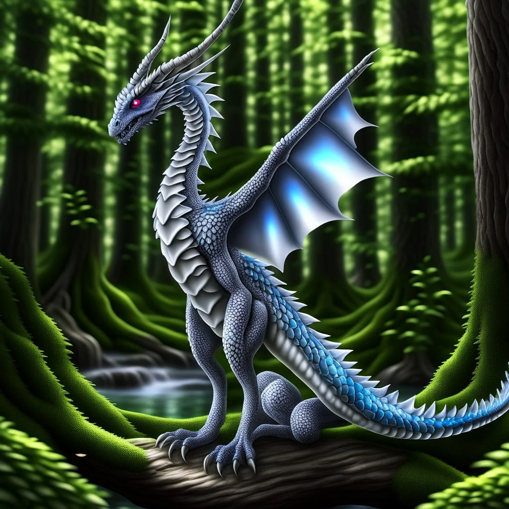 A dragonoid human with silver scales along with a long, flexible tail in a magical forest