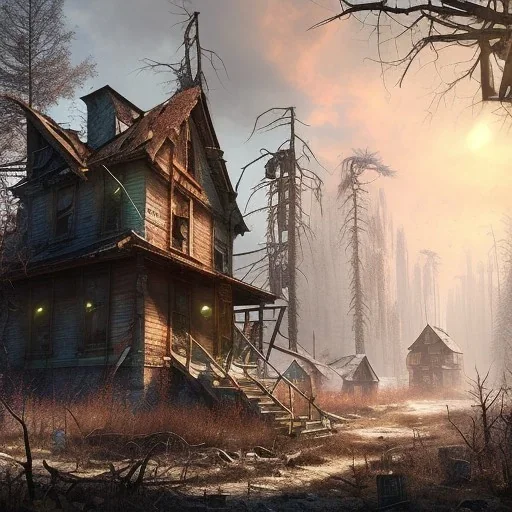 Postapocalyptic scenery, town, forest, a lot of houses, overgrown, 16k