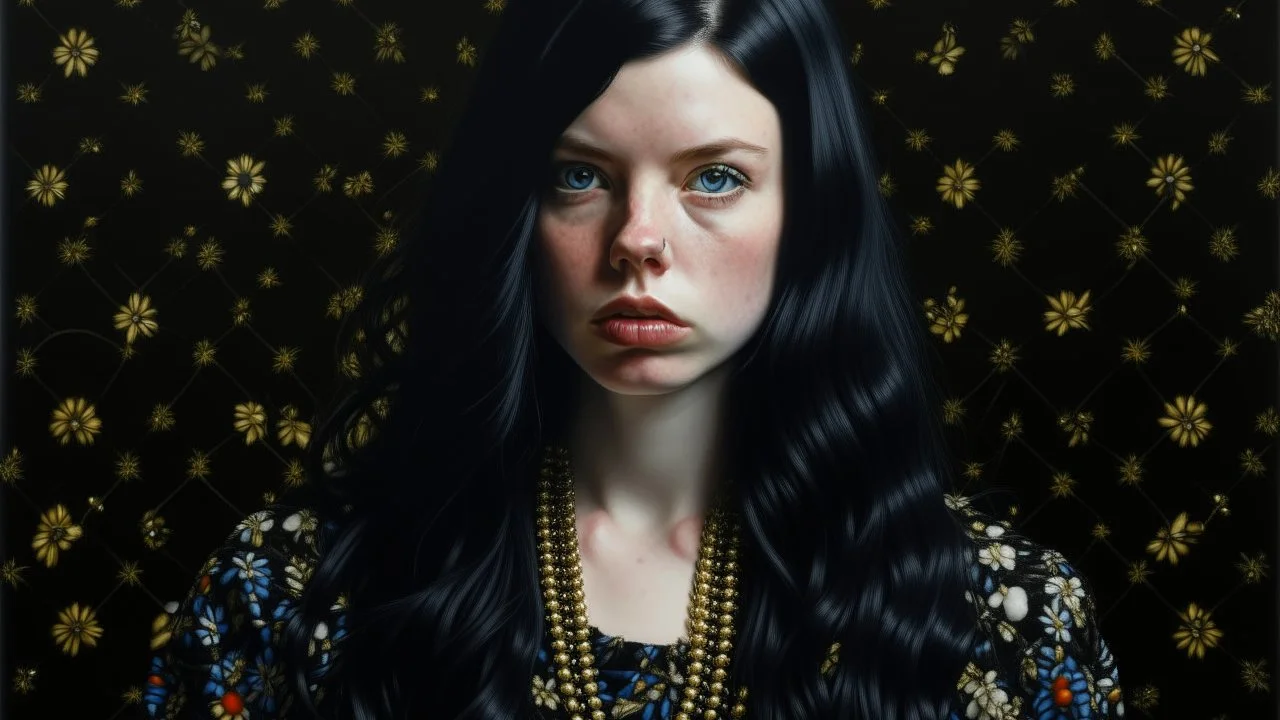 Retrato pictórico de mujer joven de cabello negro azabache largo, rostro compuesto por piezas de rompecabezas desalineadas, lleva collar de perlas negras de río, estilo hiperrealismo al óleo contemporáneo al estilo de Kehinde Wiley, fondo de fondo negro absoluto vacío tipo estudio