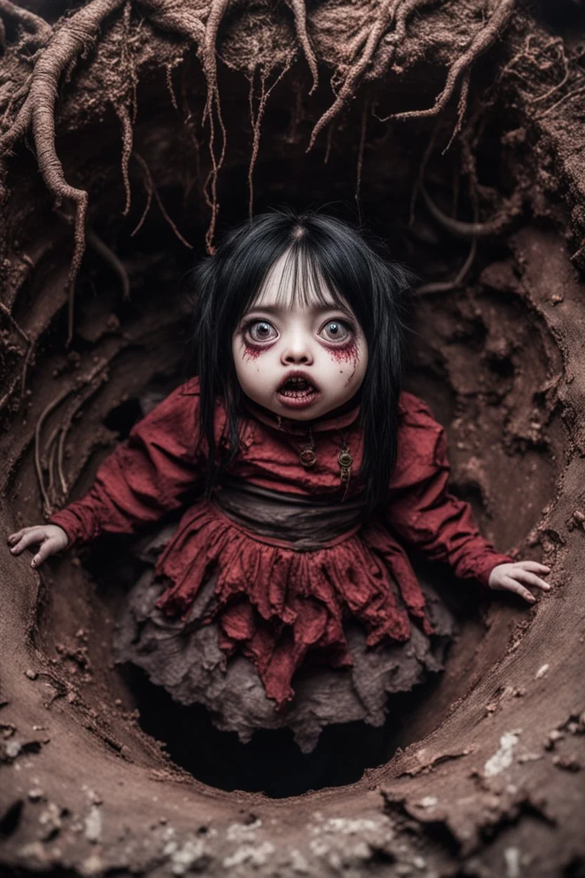 Closeup chubi Girl goth with big eyes, fullbody, ragged clothes, extended like roots, the perspective looking up from the bottom of an empty well ,crushed inside really darkred fleshy stomach filled with digestive juices, 8k,macro photography,