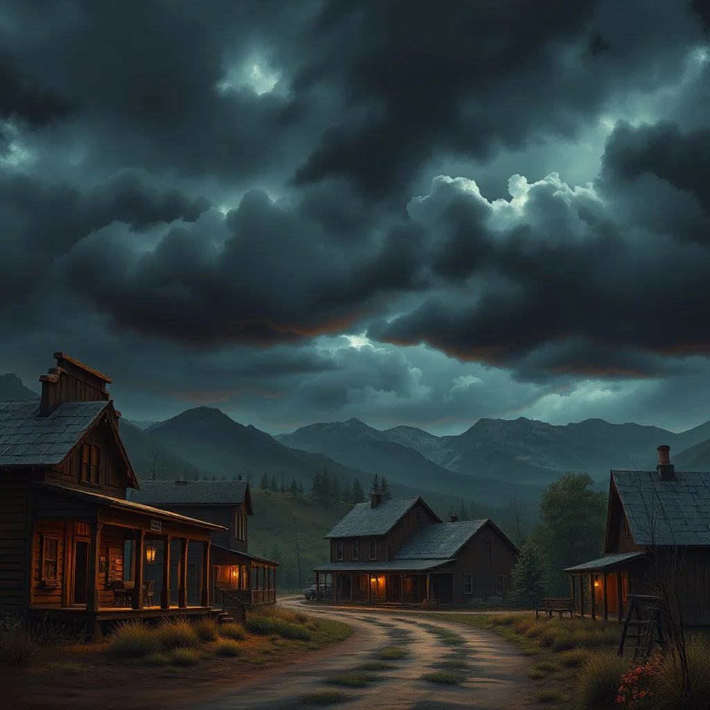 the western town called High Noon Hollow with gloomy skies