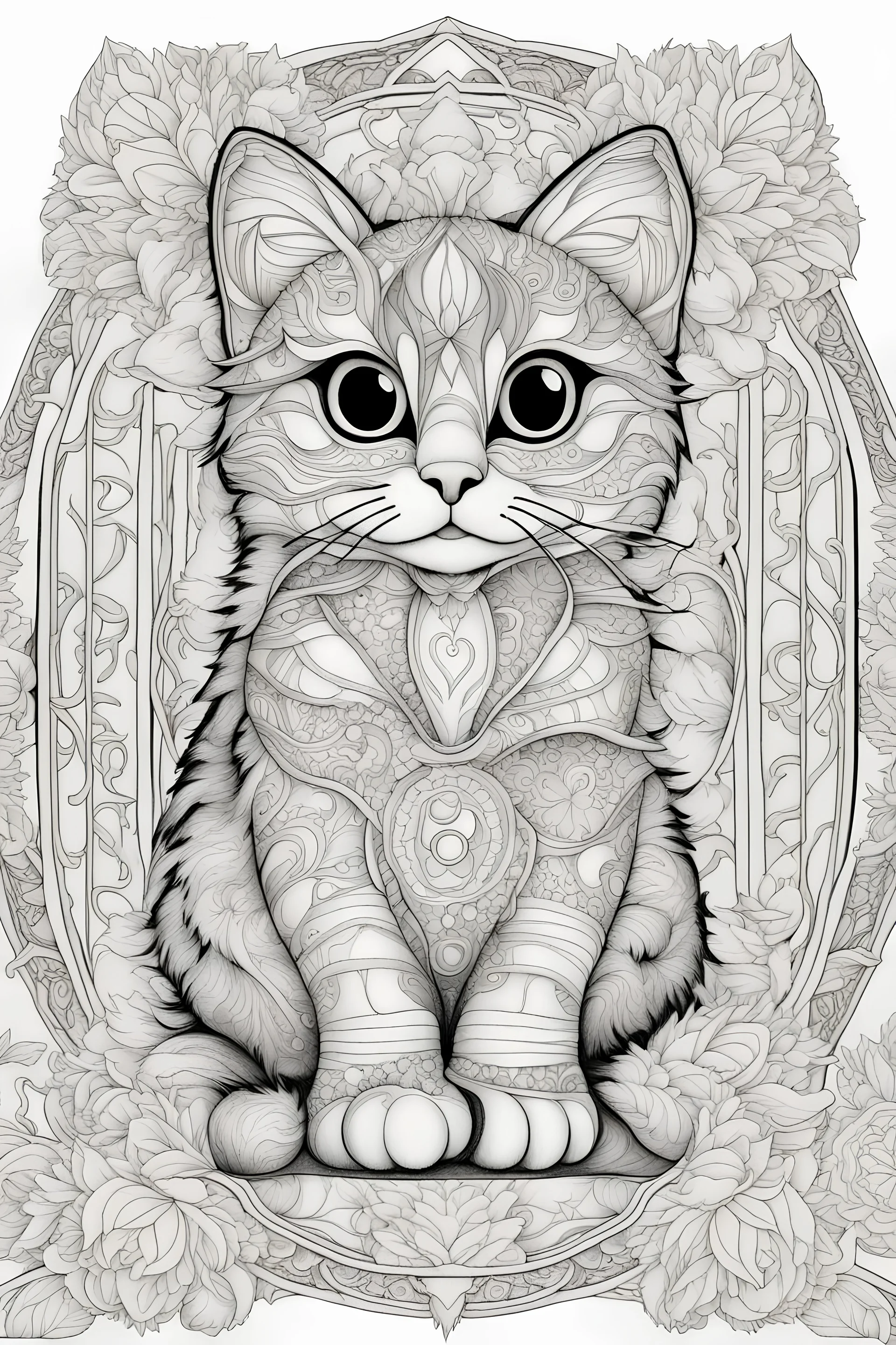 Coloring book, cat, mandala style, more white space around the edge of the page, centered, clear black lines, no shading, zoomed out, white frame