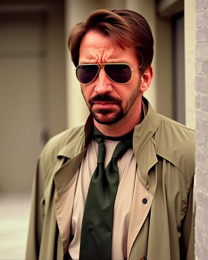 a man who looks like hans gruber wearing a trench coat and red sunglasses staring with a judgmental look on his face