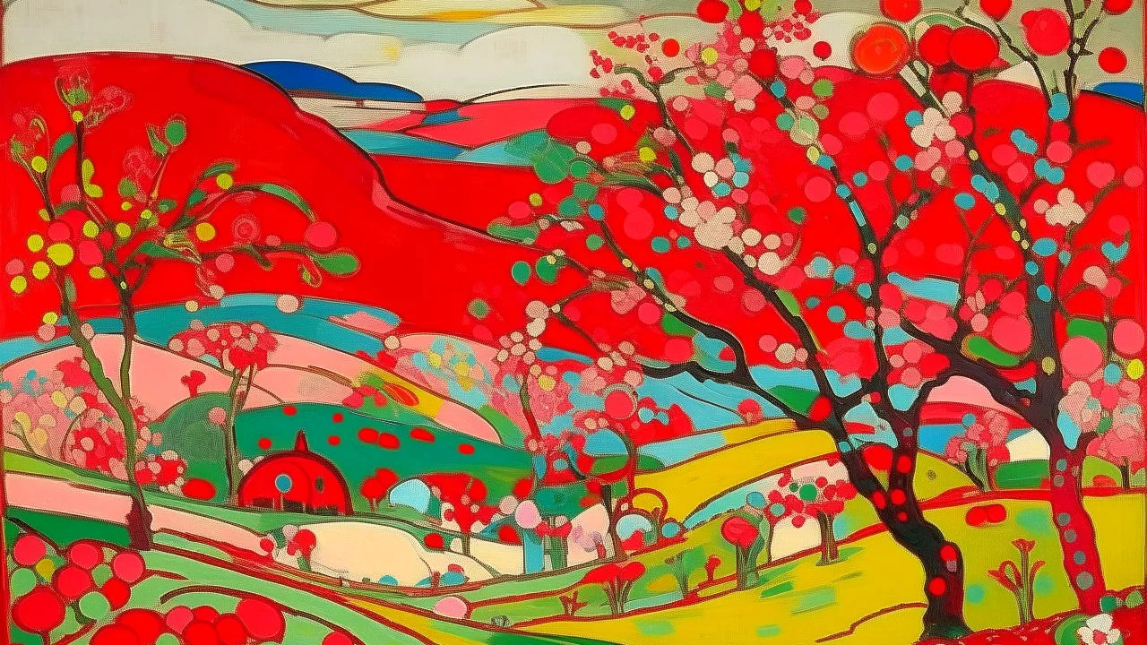 A red plain with Japanese cherry blossom trees painted by Wassily Kandinsky