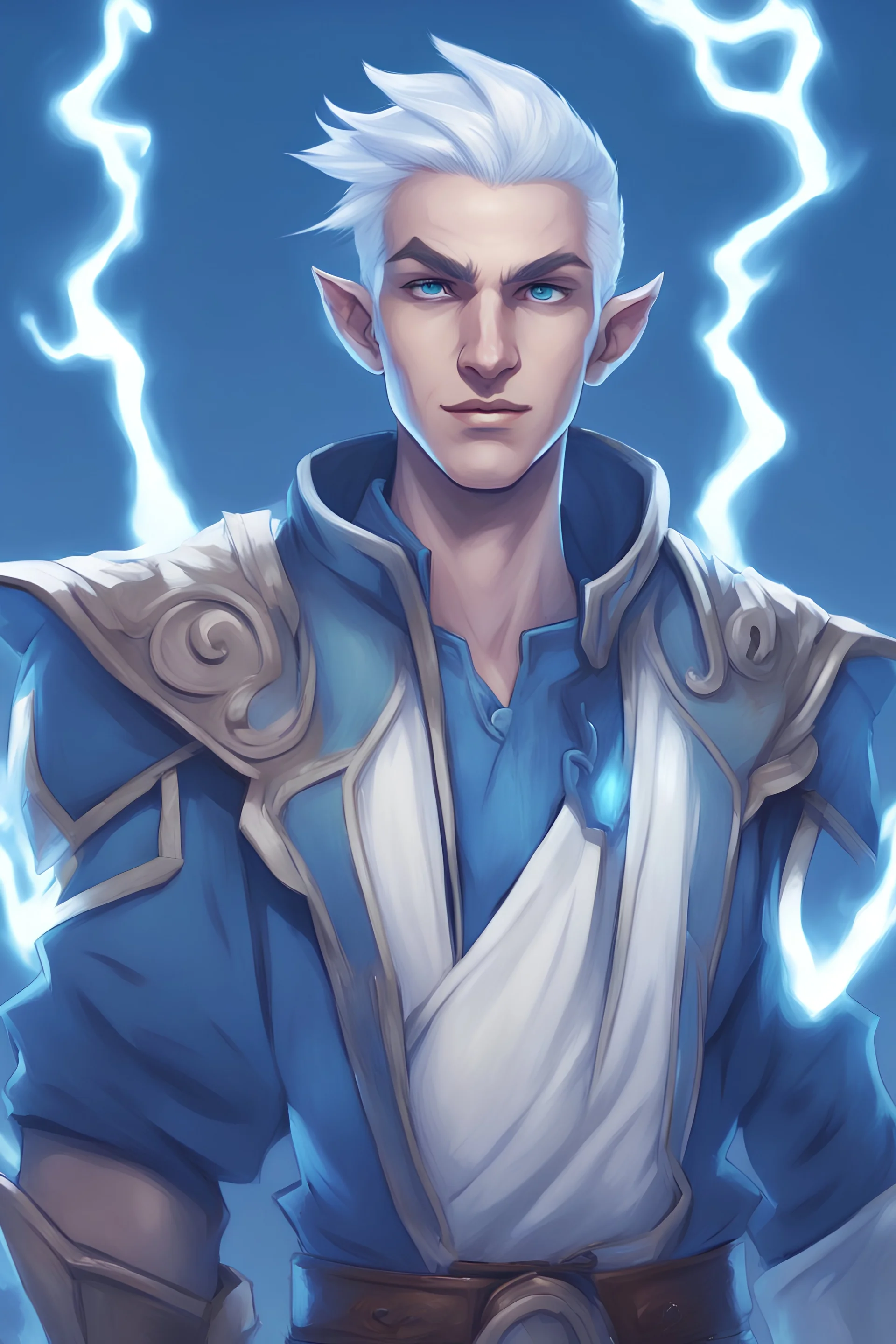 create a male air genasi from dungeons and dragons, blue lightning tattoos, pointed ears, slight smile, white short hair, undercut, light blue eyes, wind like hair, blue jacket, digital art, high resolution, fantasy, strong lighting