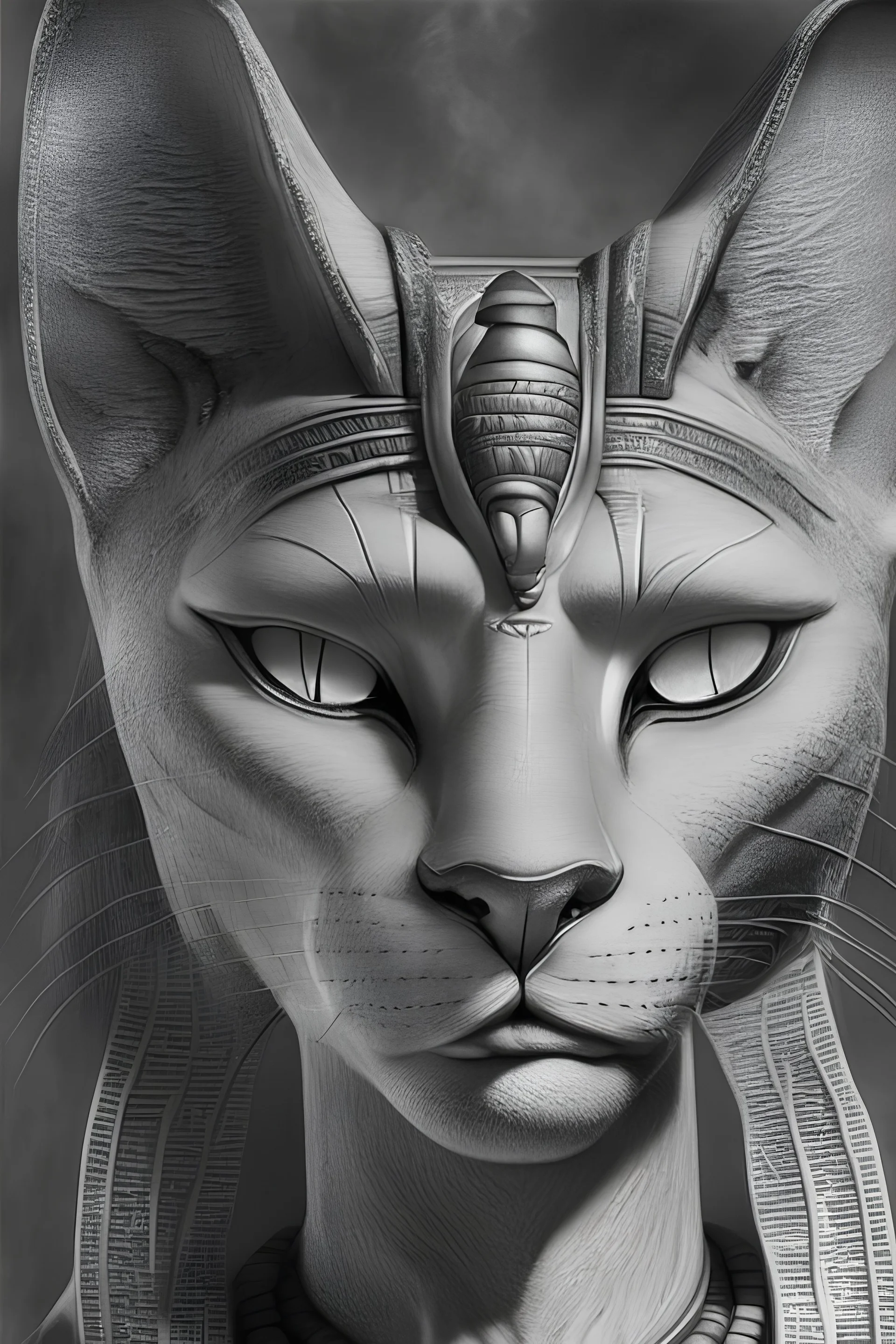 male face of the mythical gods Bastet black and white face straight view