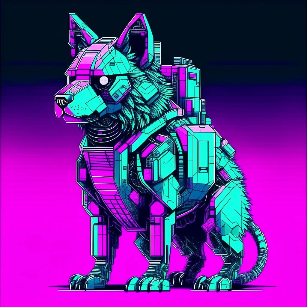 A 2D Vaporwave would depict the robotic dog from Doctor Who with digital glitch patterns, with Japanese kanji characters, blending K-9’s boxy, angular form with the nostalgic and surreal aesthetics of vaporwave, he is a robot dog, and is blocky, he has satellite ears, and an antennae.