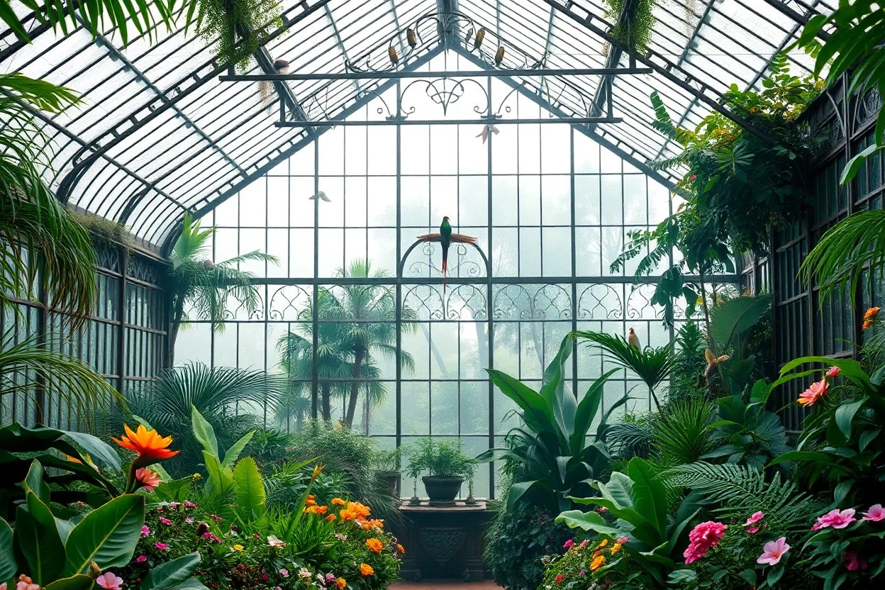 Victorian greenhouse overtaken by jungle, exotic birds nesting in iron rafters, morning mist, lost paradise atmosphere,a pretty model lady as queen wlking in flowers