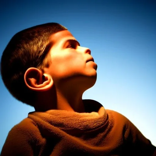 shepherd boy looking up, bright start in night