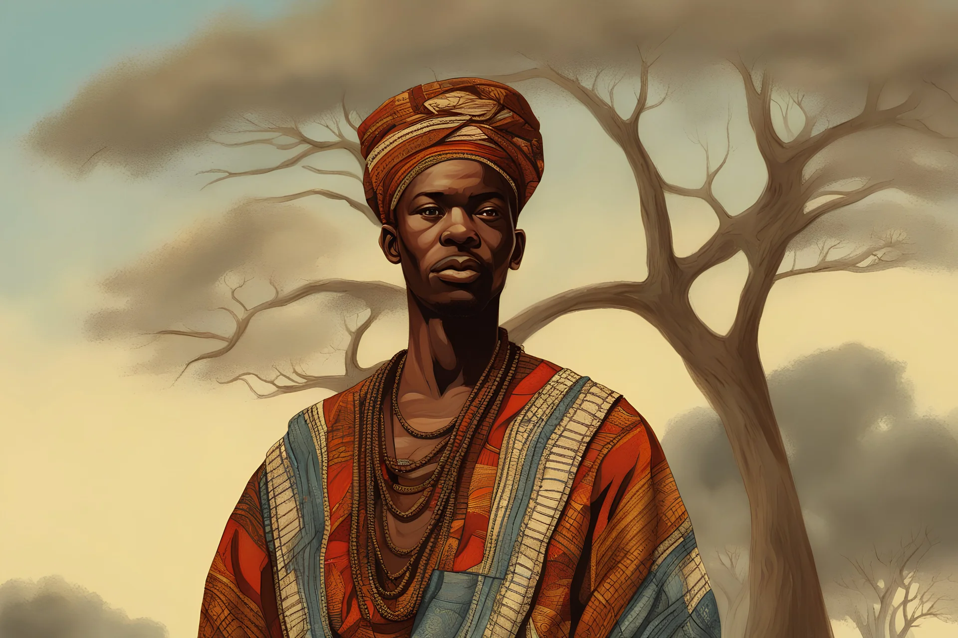 Design, African man, oil painting, featureless, graphic, background, sky, trees, traditional clothes