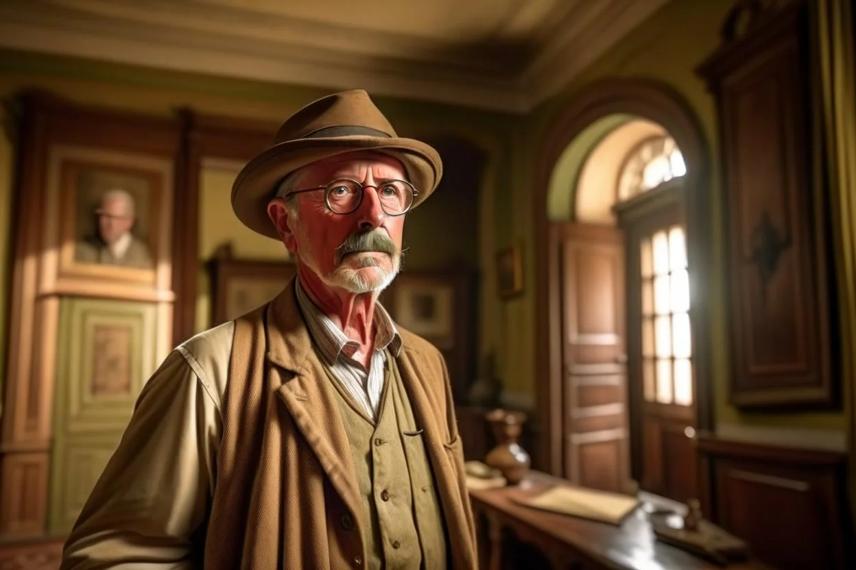 ww1 rich archeologist talking close-up standing up looking to the camera, inside mansion room background, normal color pallete